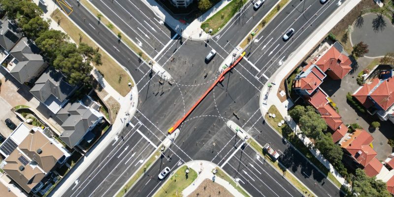 Aerial view of a signalised intersection upgrade under construction